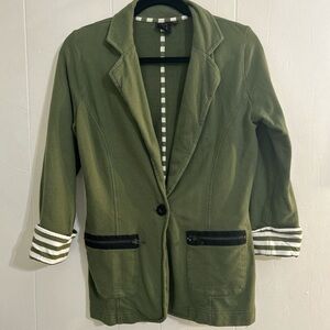 Green Blazer- Cuffed Sleeves, Striped Accents, Zipper Pockets, Oversized- Size M